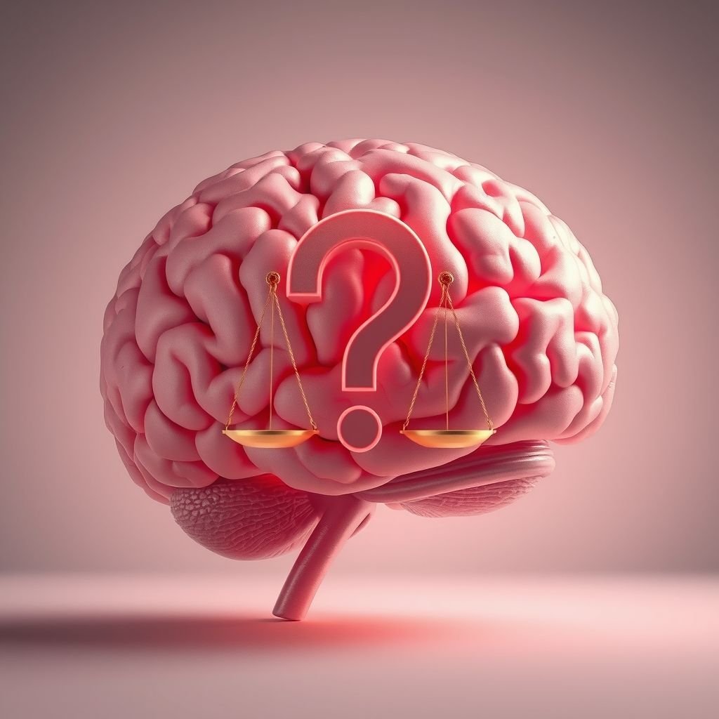 Cerveau avec un point d'interrogation ou balance de la justice