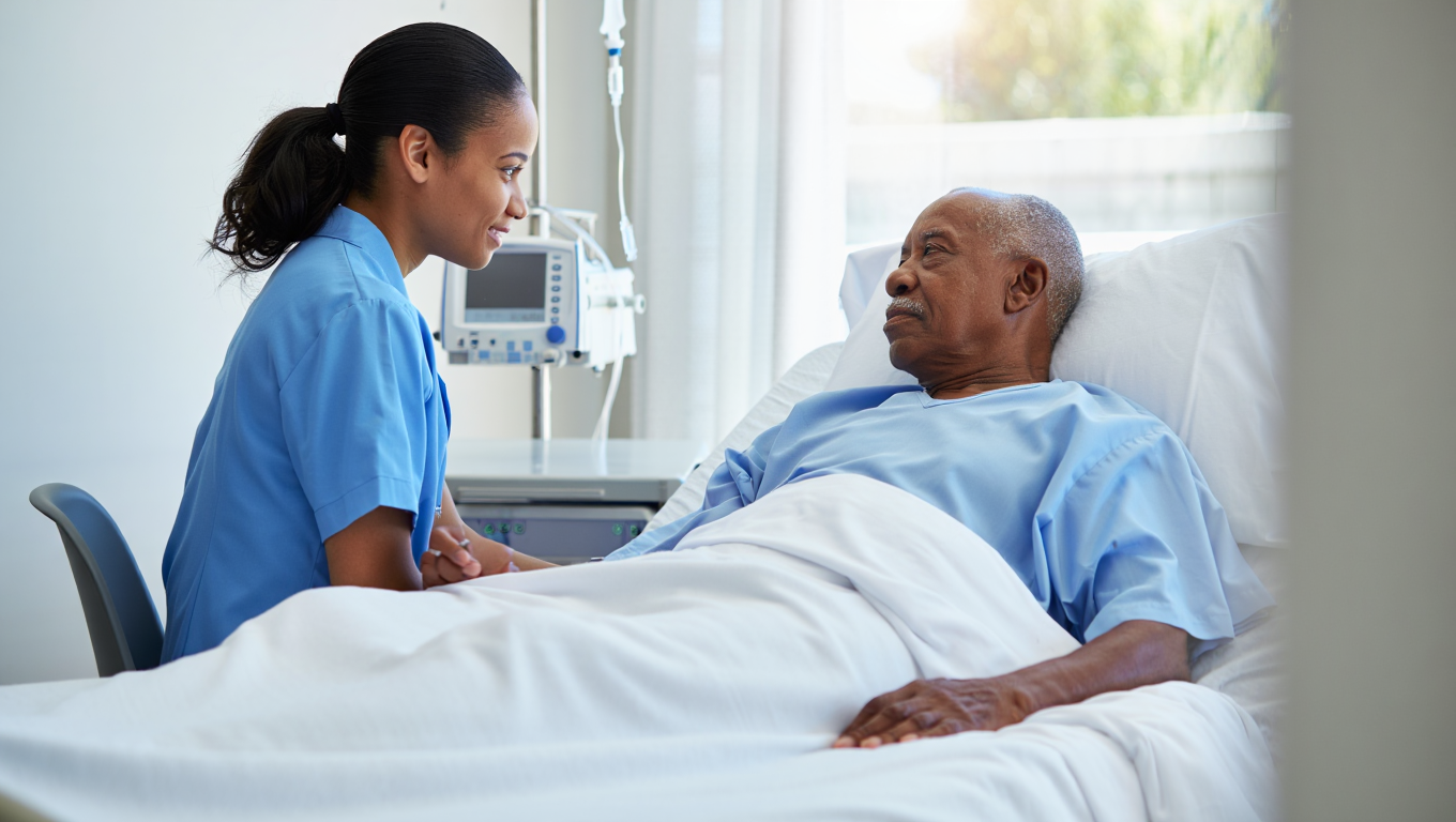 Personnel soignant à l'écoute d'un patient ou environnement hospitalier