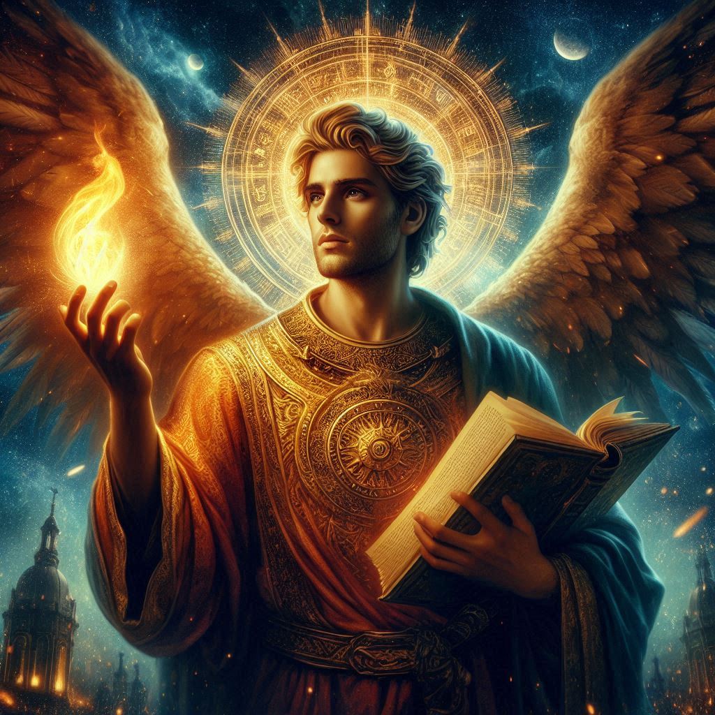 Représentation de l'Archange Uriel tenant une flamme dorée, symbole de la lumière divine et de la sagesse, entouré d'une aura dorée rayonnante